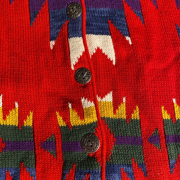 A Southwestern style sweater jacket with 5 silver colored buttons. - Picture 3 of 5